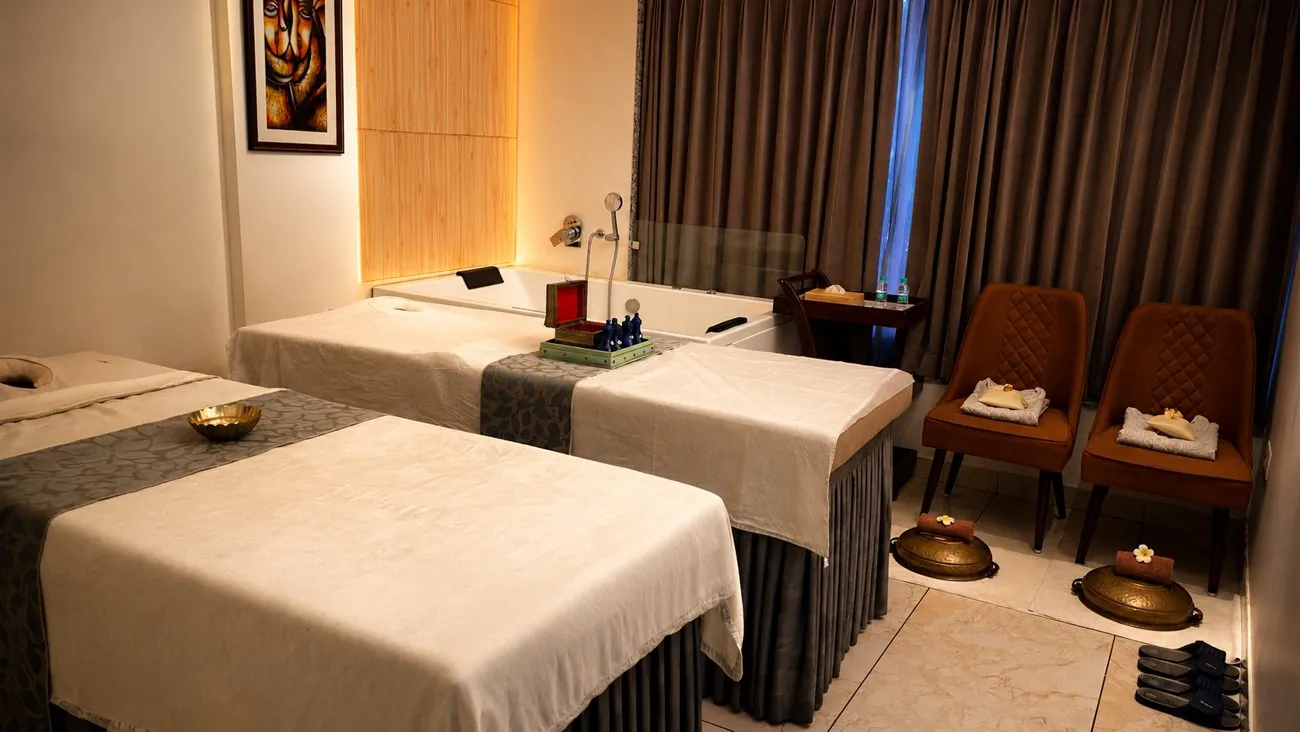 A serene twin-bed treatment room