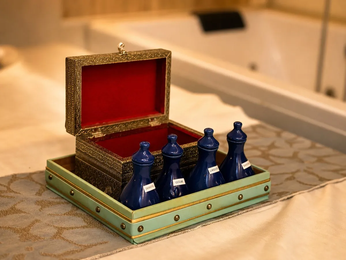 A curated tray of spa massage oils in ornate blue bottles