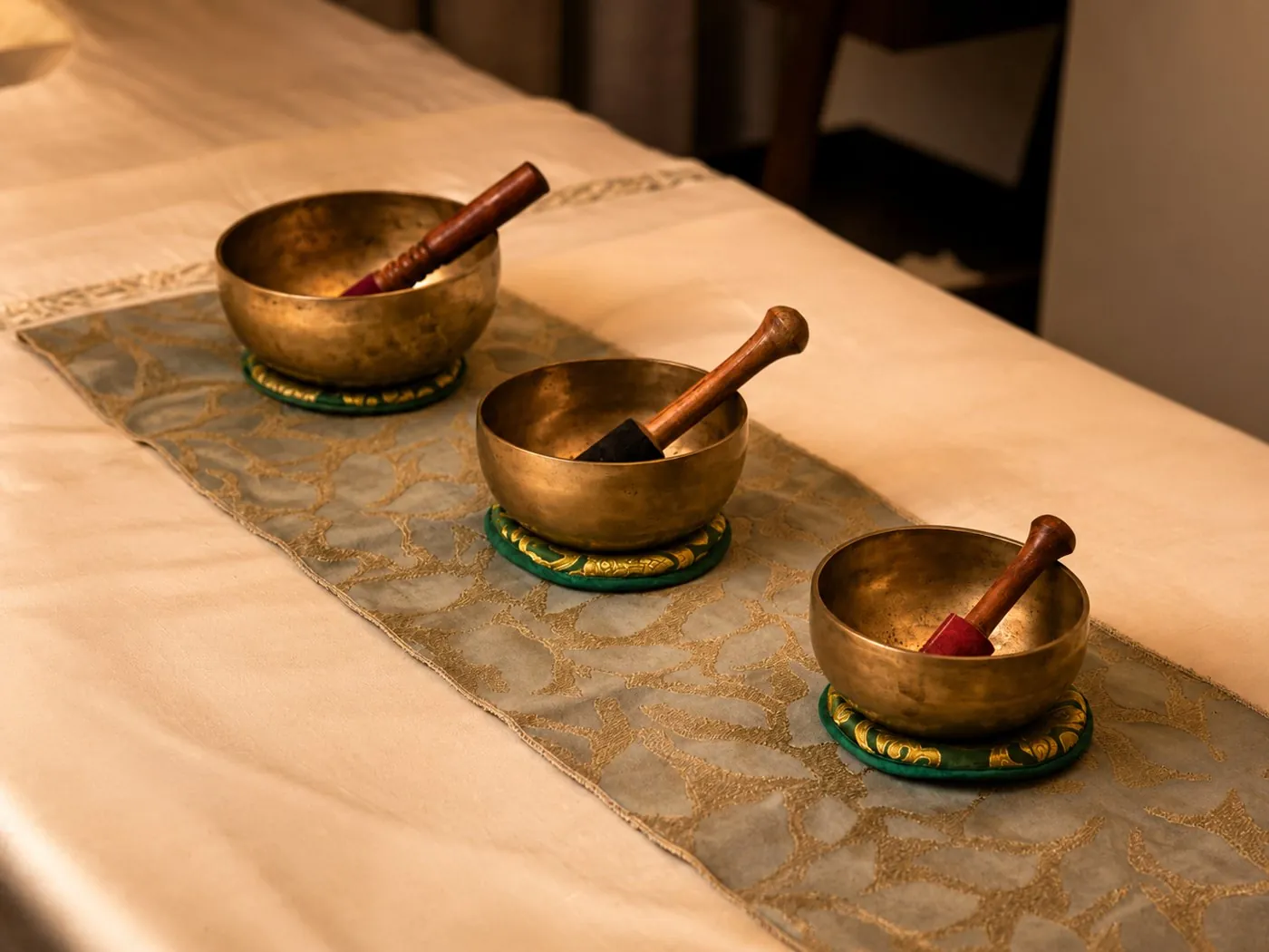 Tibetan singing bowls arranged for a sound healing session